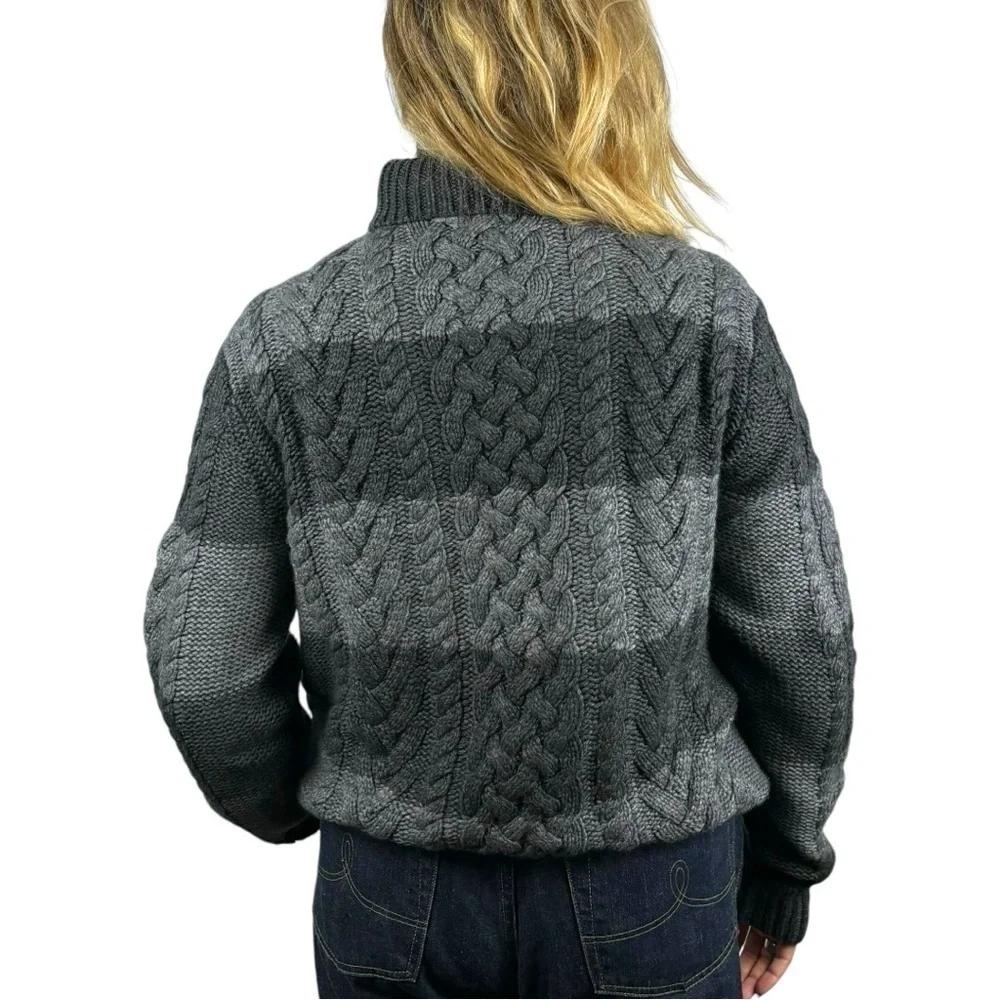 MICHAEL KORS LAMBSWOOL CONTRAST CABLEKNIT STRIPED CHUNKY KNIT TURTLENECK SWEATER